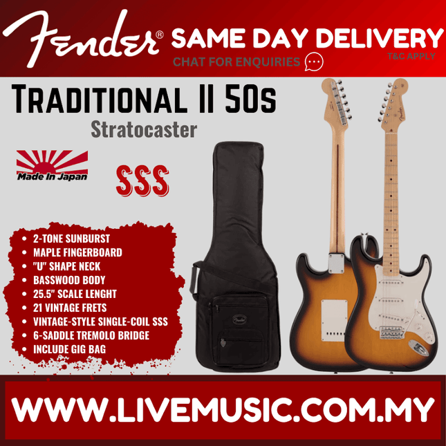Fender Japan Traditional II 50s Stratocaster Electric Guitar, Maple Fretboard with FREE Gig Bag - 2-Tone Sunburst