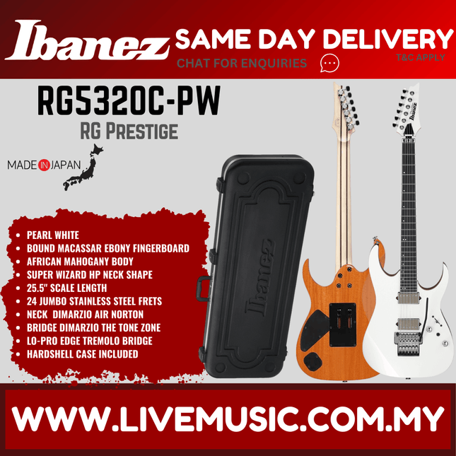 Ibanez Prestige RG5320C-PW Electric Guitar W/Case, Pearl White ( RG5320C PW / RG5320CPW )