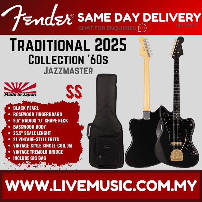 Fender Japan Traditional 2025 Collection 60s Jazzmaster Guitar, RW FB, Black Pearl