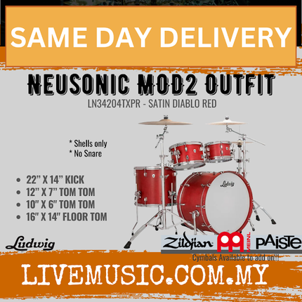 Ludwig LN34204TXPR Neusonic 4-Piece MOD2 Outfit Acoustic Drum set (22B/16F/10T/12T), Satin Diablo Red