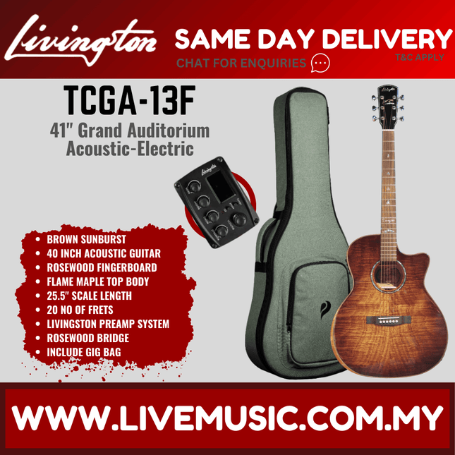 Livingston TCGA-13F-EQ Solid Top Grand Auditorium Acoustic-Electric Guitar,RW FB - Vintage Sunburst ( TCGA13F TCGA 13F )