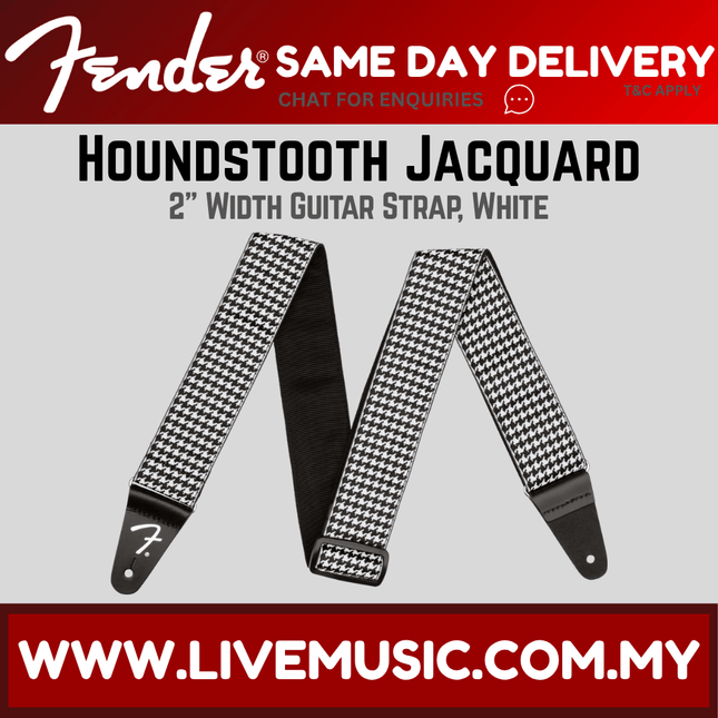 White houndstooth jacquard guitar strap with black end tabs, wide 2-inch weave