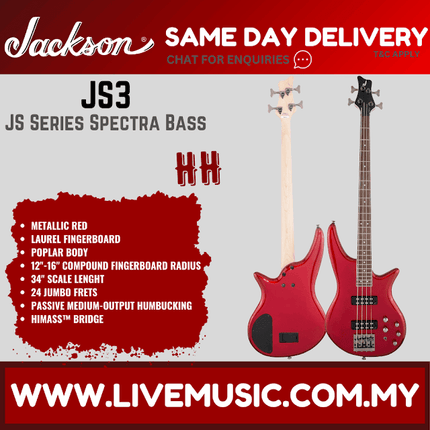 Jackson JS Series Spectra JS3 Bass Guitar, Laurel Fretboard - Metallic Red (JS-3/JS 3)