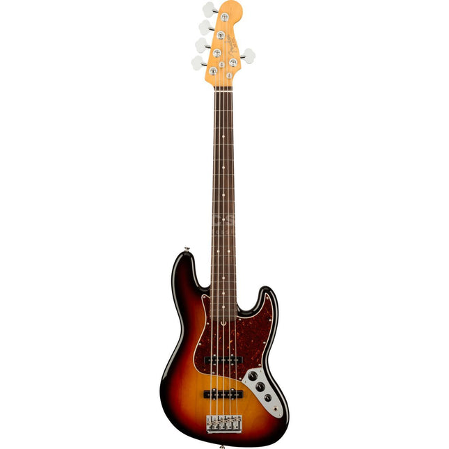 3-tone sunburst 5-string jazz bass electric guitar, upright full view