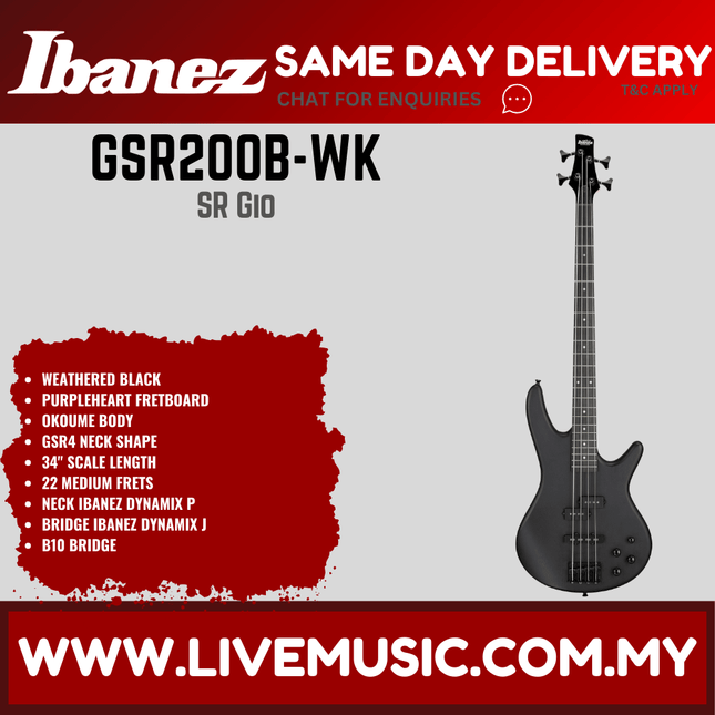 Ibanez GSR200B GIO Series 4-Strings Electric Bass - Weathered Black (GSR200B-WNF GSR200B-WK)