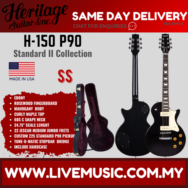 Heritage Standard II Collection H-150 P90 Electric Guitar with Case, Ebony ( H150P90 / H 150 P90 )
