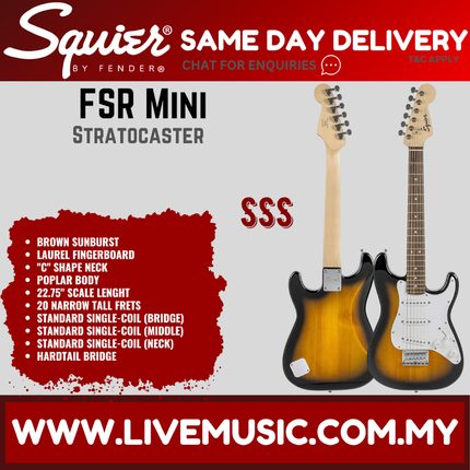 Squier FSR Mini Stratocaster Electric Guitar, Laurel FB, Brown Sunburst