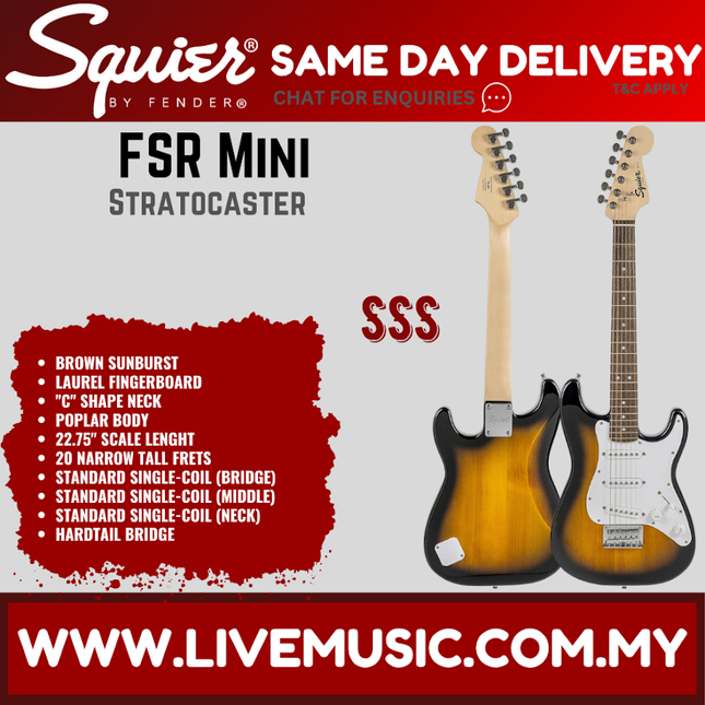 Squier FSR Mini Stratocaster Electric Guitar, Laurel FB, Brown Sunburst