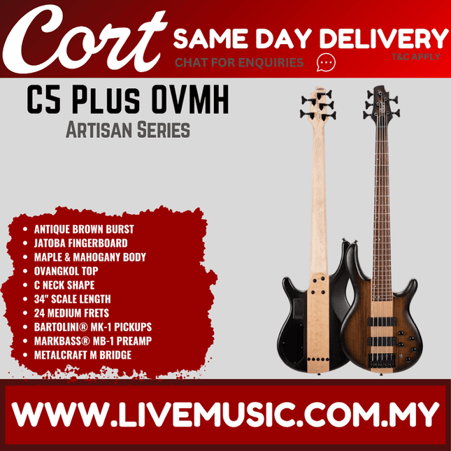 Cort C5 Plus OVMH 5-Strings Electric Bass Guitar Jatoba Fretboard with Bag - Antique Brown Burst