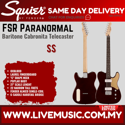 Squier FSR Paranormal Baritone Cabronita Telecaster Electric Guitar, Laurel FB, Oxblood