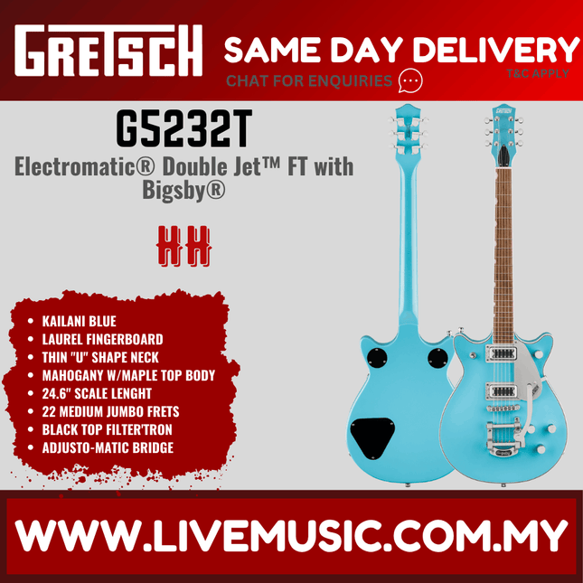 Gretsch G5232T Electromatic Double Jet FT Electric Guitar w/Bigsby, Laurel FB, Kailani Blue