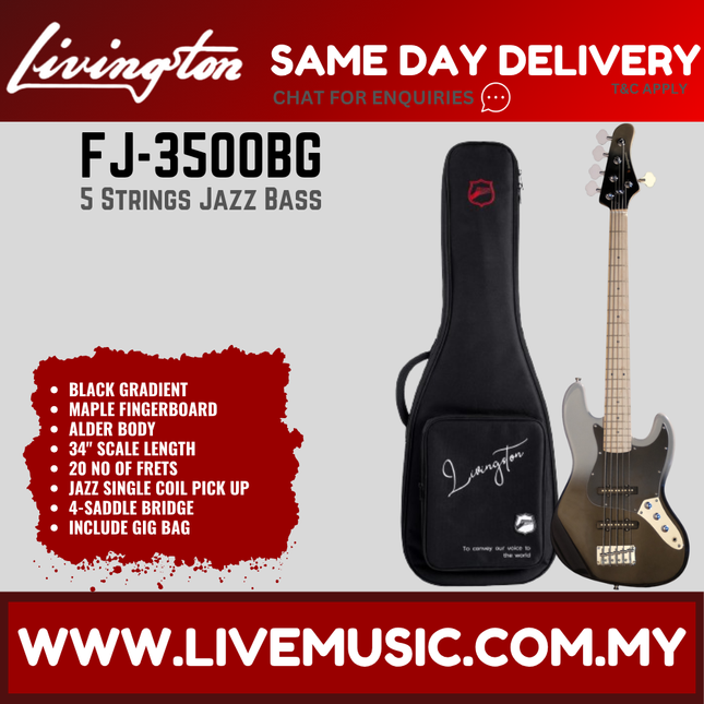 Livingston FJ-3500 5-String Jazz Bass Guitar, Rosewood Fretboard, w/Gig Bag ( JB 3500 JB3500 / FJ 3500 FJ3500 )