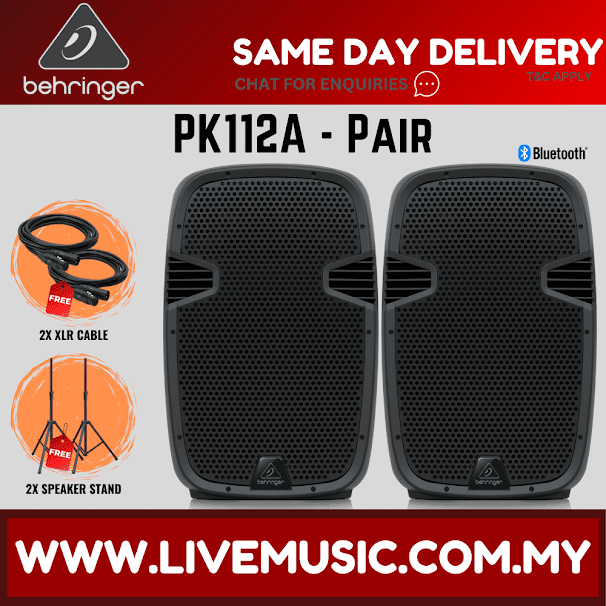 Behringer PK112A Active 600W 12" PA Speaker System with Bluetooth w/UG-88HH Wireless Mic, Speaker Stand and Cable - Pair ( PK-112A / PK 112A )