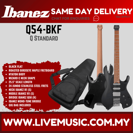 Ibanez Quest Series Q54 Headless Electric Guitar, Roasted Maple Fretboard - Black Flat (Q54-BKF/Q54BKF)