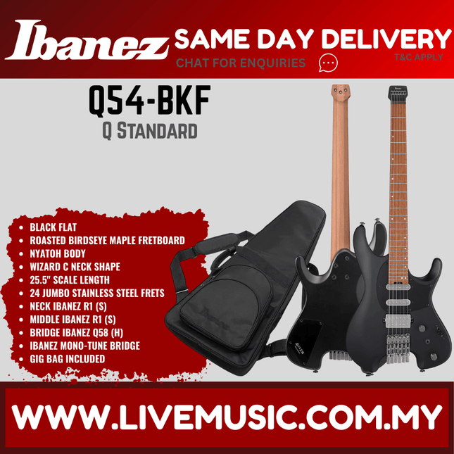 Ibanez Quest Series Q54 Headless Electric Guitar, Roasted Maple Fretboard - Black Flat (Q54-BKF/Q54BKF)