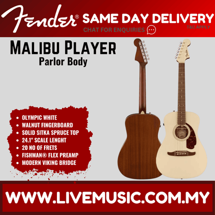 Fender California Malibu Player Small-Bodied Acoustic Guitar, Walnut FB, Olympic White