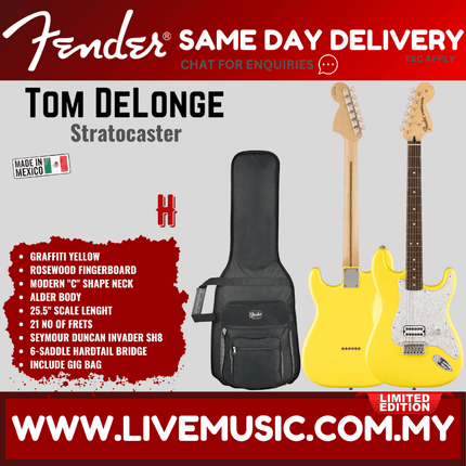 Fender Limited Edition Tom DeLonge Stratocaster Electric Guitar, RW FB - Black/Daphne Blue/Graffiti Yellow/Surf Green