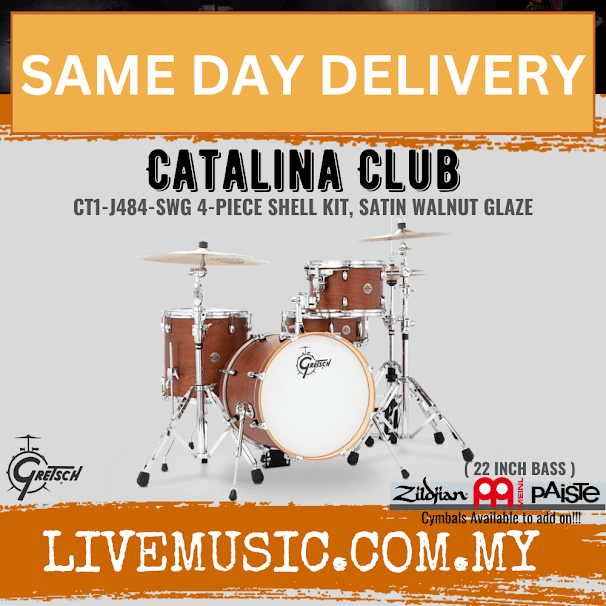4-piece drum shell kit in satin walnut glaze with bass drum, toms, snare and cymbals