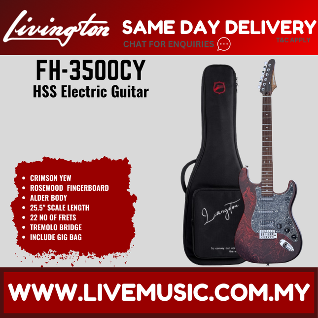 Livingston HSS electric guitar, crimson yew, rosewood fretboard, with black gig bag
