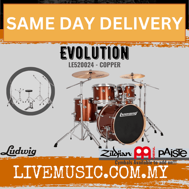Evolution 5-piece drum kit with hardware, copper wood shells and matching cymbals