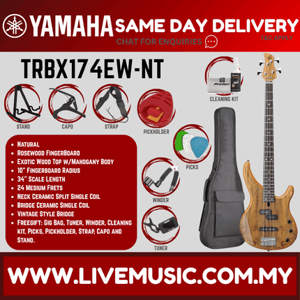 Yamaha 4-string electric bass guitar in natural wood finish with pickguard