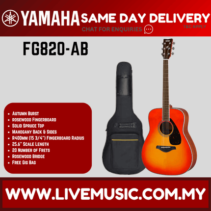 Yamaha FG820 acoustic guitar with Autumn Burst finish and black gig bag