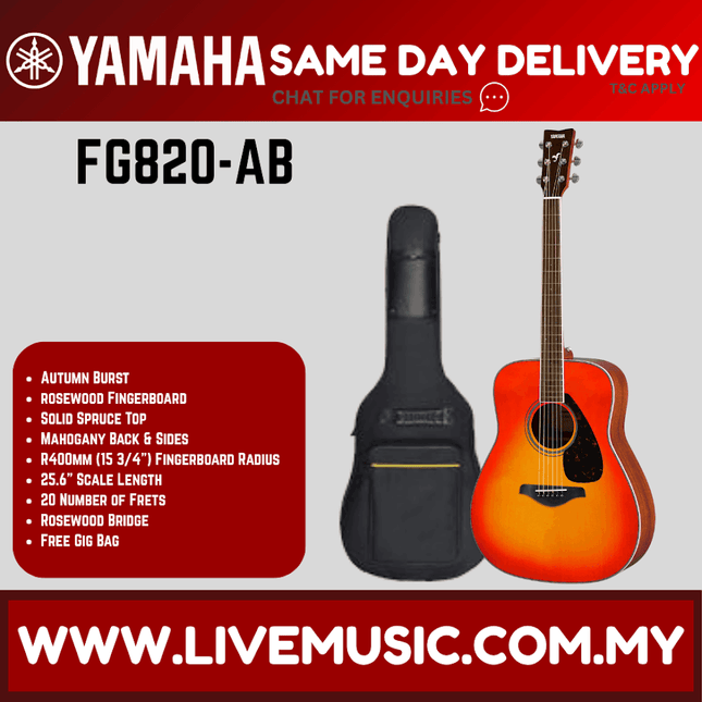 Yamaha FG820 acoustic guitar with Autumn Burst finish and black gig bag