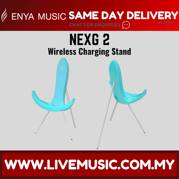 Blue wireless charging stand with curved cradle and three metal support legs