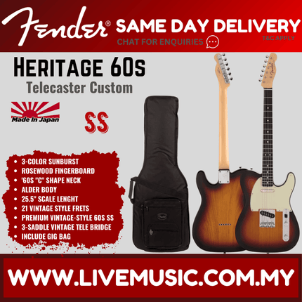 Fender Japan Heritage 60s Telecaster Custom Electric Guitar, Rosewood Fretboard - 3-Tone Sunburst