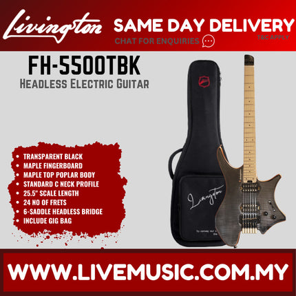 Livingston FH-5500 6-String Headless Electric Guitar w/GA15II, RW Fretboard/Maple Fretboard - Transparent Black ( FH5500 FH 5500)