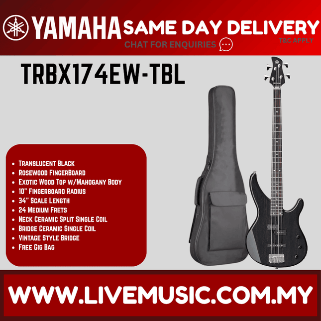 Yamaha TRBX174EW 4-string Electric Bass Guitar - Translucent Black ( TRBX 174EW / TRBX-174EW )