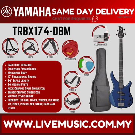 Yamaha TRBX174 4-string Electric Bass Guitar Package - Dark Blue Metallic ( TRBX 174 / TRBX-174 )