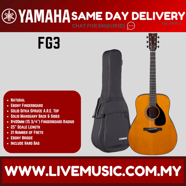 Natural acoustic guitar with black hard bag, FG3.