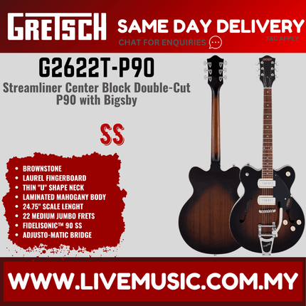 Gretsch G2622T-P90 Streamliner Center Block Double-Cut Electric Guitar, Laurel FB, Brownstone