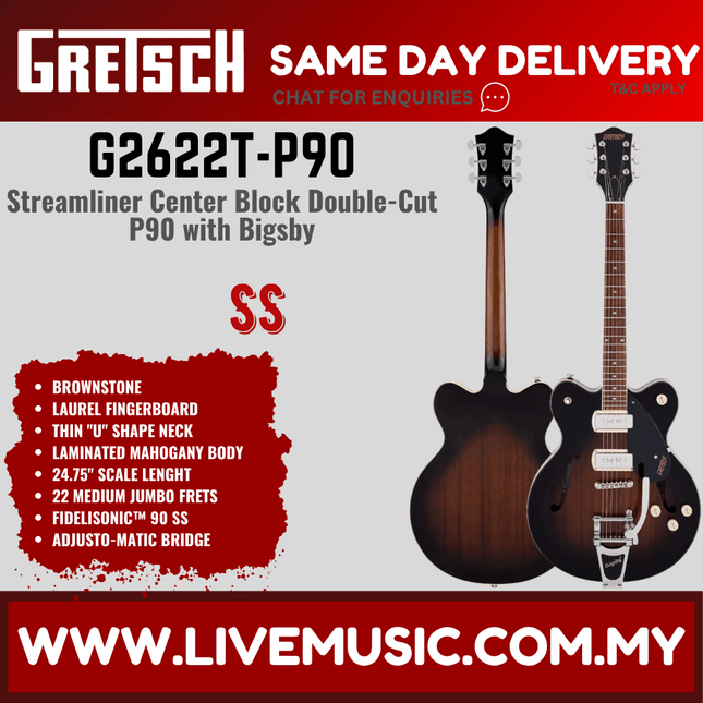 Gretsch G2622T-P90 Streamliner Center Block Double-Cut Electric Guitar, Laurel FB, Brownstone