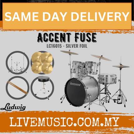 Ludwig Accent Fuse 5-Piece Drums Set w/Hardware+Throne+Cymbal (LC16015DIR)- Silver Foil