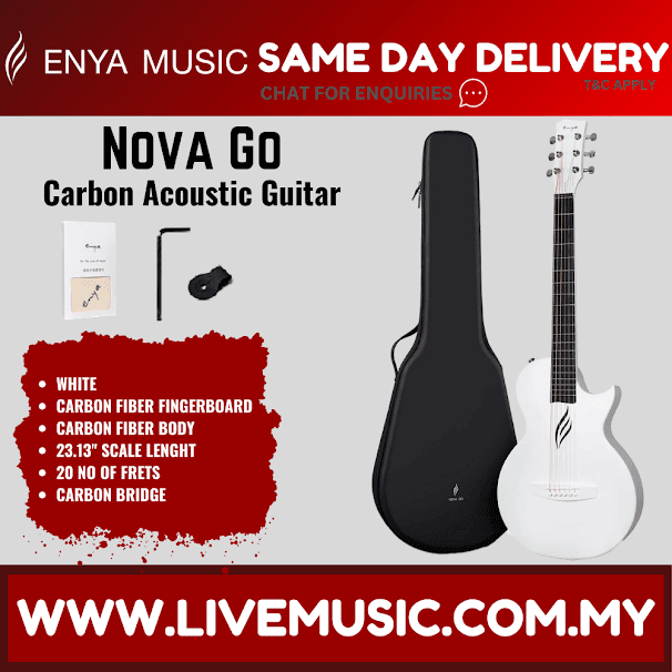 White acoustic guitar with sound hole, alongside matching black gig bag