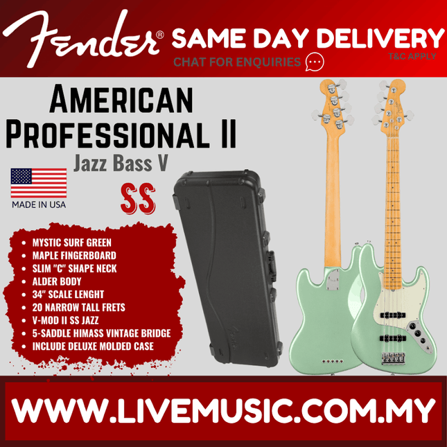 Mystic Surf Green 5-string Jazz bass electric guitar with maple fingerboard and case