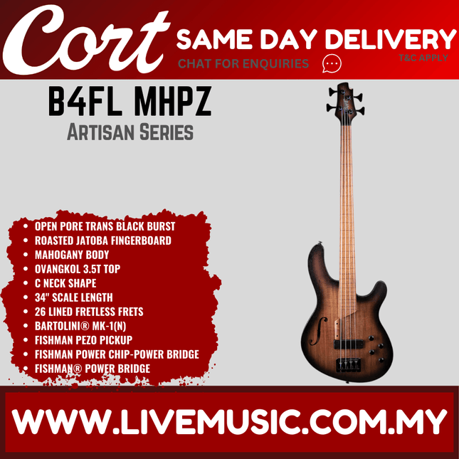 Cort B4FL MHPZ 4-String Fretless Bass Guitar (B4FL-MHPZ/B4FLMHPZ)