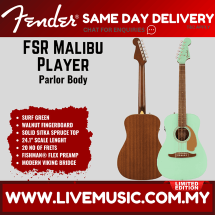 Fender FSR California Malibu Player Small-Bodied Acoustic Guitar, Walnut FB, Surf Green
