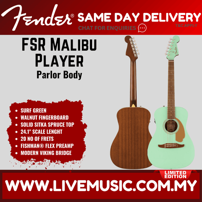 Small-bodied acoustic guitar with walnut body, walnut fingerboard, surf green pickguard