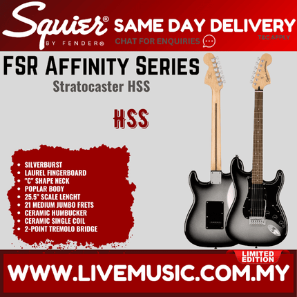 Squier FSR Affinity Series HSS Stratocaster Electric Guitar, Laurel FB, Silverburst