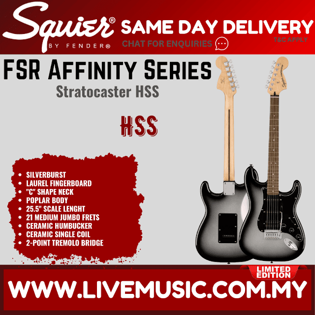 Squier FSR Affinity Series HSS Stratocaster Electric Guitar, Laurel FB, Silverburst