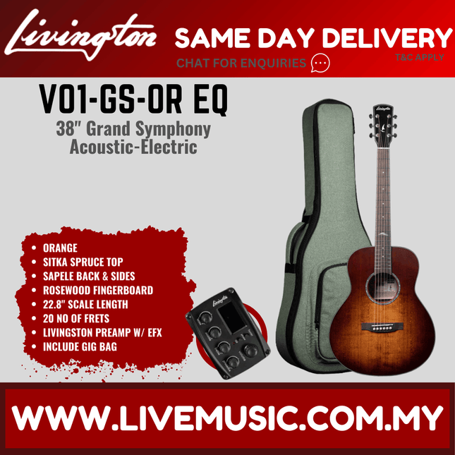 Livingston V01-GS EQ 38" Solid Top Acoustic-Electric Guitar, Rosewood FB, Natural / Orange / Black ( V01 GS V01GS )