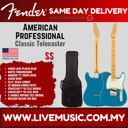 Fender American Professional Classic Telecaster Electric Guitar, Maple FB, Faded Lake Placid Blue