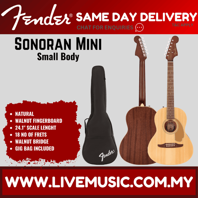 Mini acoustic guitar with black gig bag, natural finish, Fender headstock