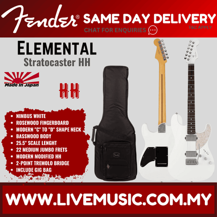 Fender Japan Elemental Stratocaster HH Electric Guitar, RW FB, Nimbus White