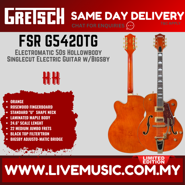 Gretsch FSR G5420TG Electromatic 50s Hollowbody Singlecut Electric Guitar w/Bigsby, Orange