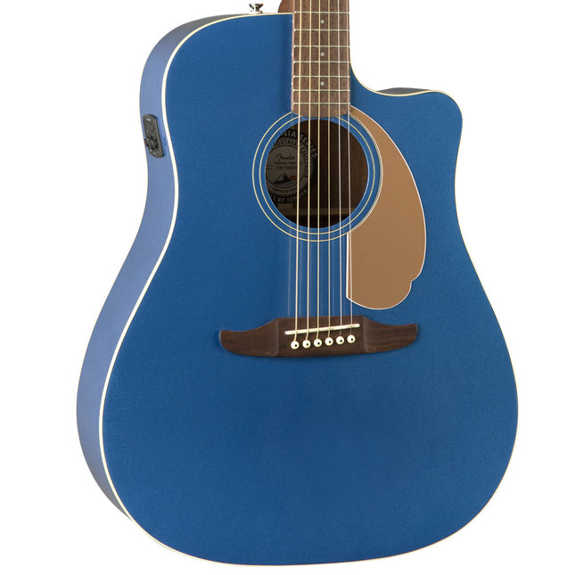 Blue acoustic guitar front view with circular sound hole and bridge