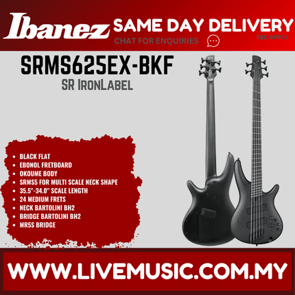 Ibanez Iron label SRMS625EX-BKF 5-String Multi-Scale Electric Bass Guitar, Black Flat ( SRMS625EX BKF / SRMS625EXBKF )